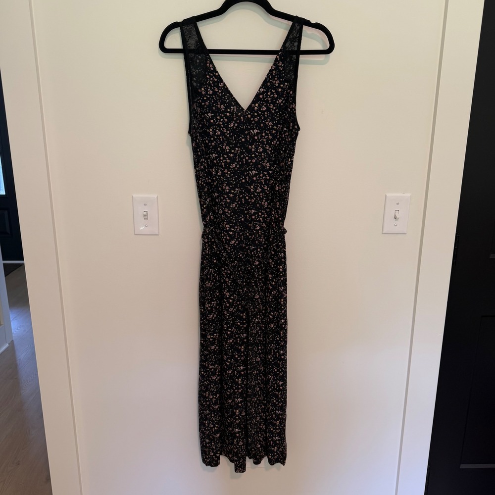 AllSaints Womens Black Ditsy Floral Lace Trim V-Neck Midi Dress Size Medium